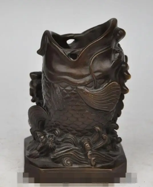 S0737 6" chinese fengshui bronze animal 2 Goldfish fish lucky Brush Pot pencil vase