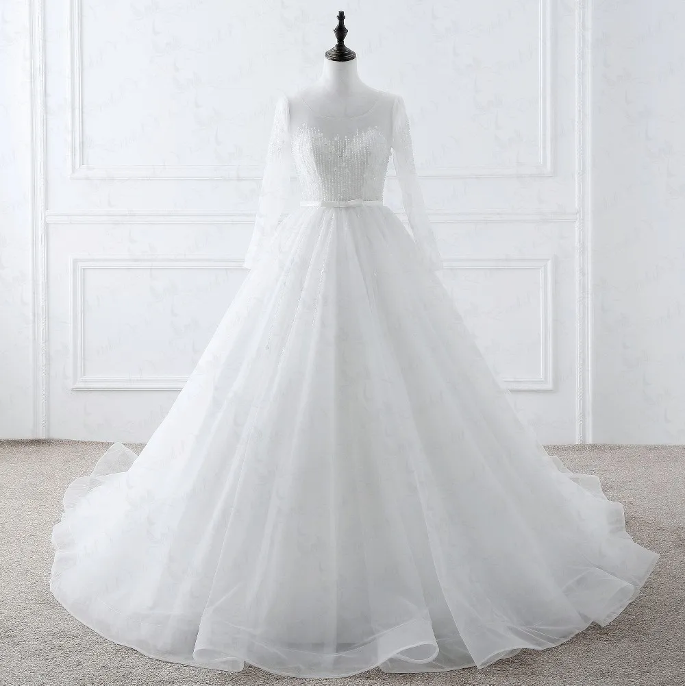 RSW1082 RSW1082 Luxury Crystal Wedding Dresses Puffy Tulle Skirt Hard Bow Belt Long Sleeve Wedding Gown (5)