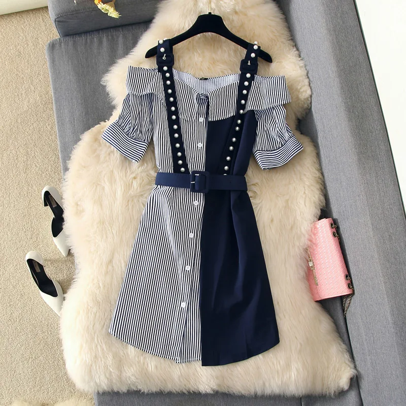 Women Off Shoulder Beaded Single Breasted Waist Belt Strap Shirt Dresses Fashion Patchwork Belt Dress Vestidos
Women Off Shoulder Beaded Single Breasted Waist Belt Strap Shirt Dresses Fashion Patchwork Belt Dress Vestidos