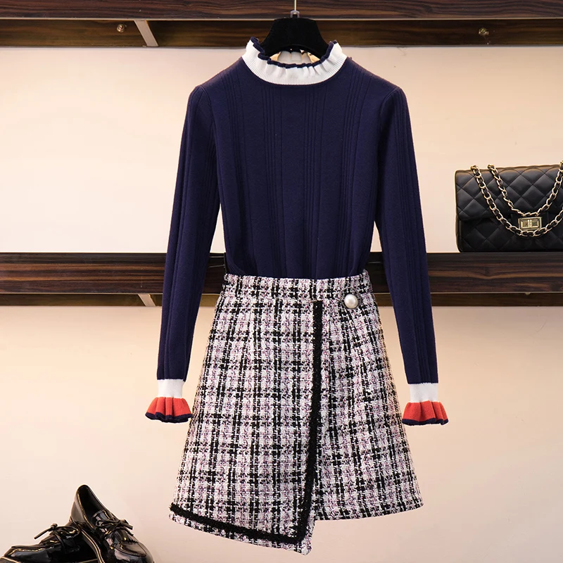 Tweed Skirt 2 Pcs Set Women 2019 Winter Fashion Hit Color Flare Sleeve Knit Pullover Sweater + Plaid Irregular Mini Skirt Set
Tweed Skirt 2 Pcs Set Women 2019 Winter Fashion Hit Color Flare Sleeve Knit Pullover Sweater + Plaid Irregular Mini Skirt Set