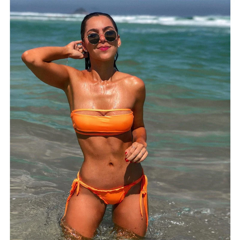 

thong bikiny swimwear knitted bandeau swimsuit sexy beach wear swimming suit for women set bandage tankini women orange bikinis