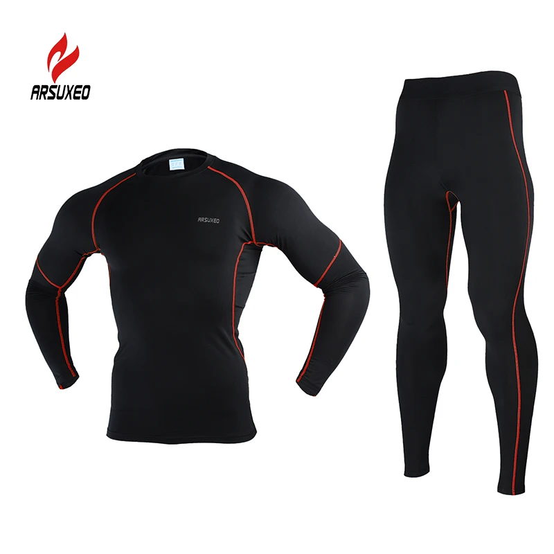 Image 2015 ARSUXEO Men Winter Thermal Warm Up Fleece Compression Cycling  Base Layers Shirts Running Sets Jersey  Sports Suits N56