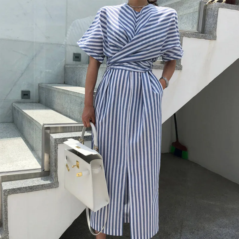Office Lady Striped Cross Tie Waist Women Dress Tunic Short Sleeve Split Casual Maxi Dresses 2019 Summer Bandage Korean Vestidos
Office Lady Striped Cross Tie Waist Women Dress Tunic Short Sleeve Split Casual Maxi Dresses 2019 Summer Bandage Korean Vestidos