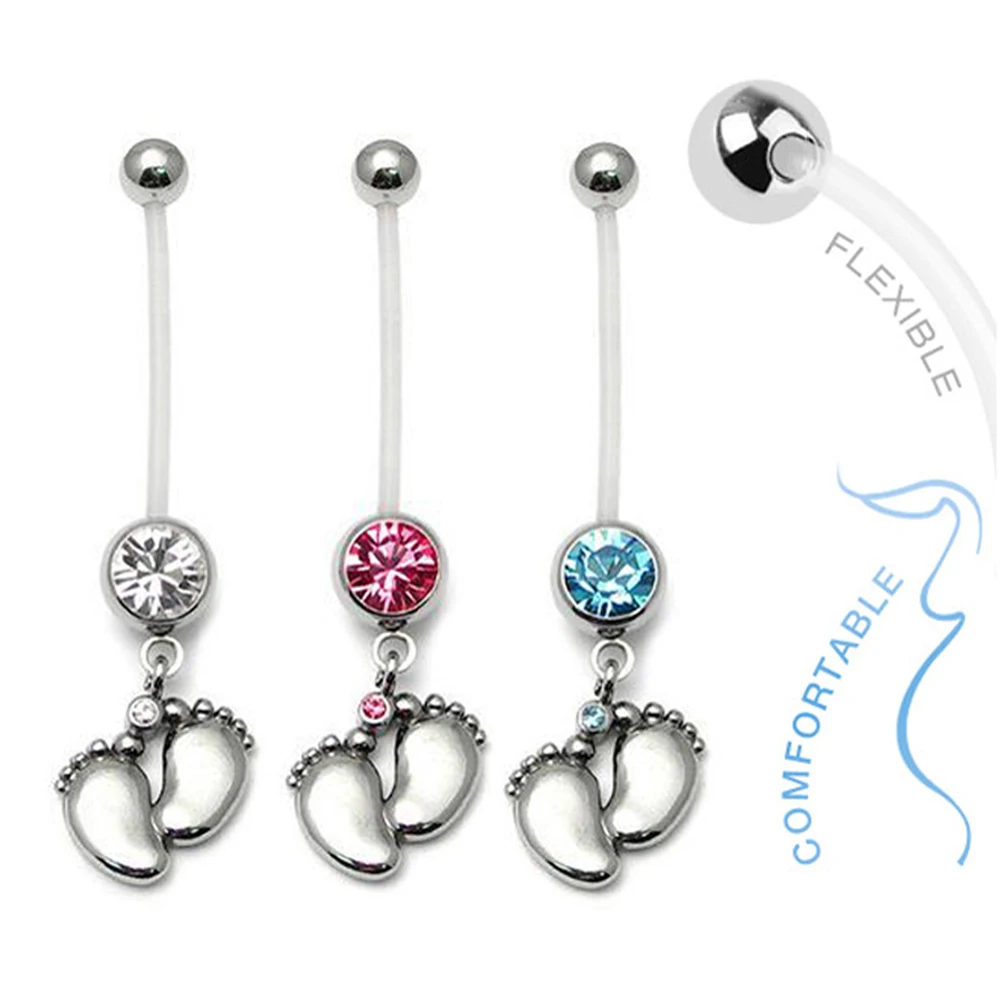 Baby on Board PTFE Flexible CZ Crystal Feet Pregnant Maternity Navel Belly Ring Fasion Dangle Belly Button Piercing Jewelry 14g
Baby on Board PTFE Flexible CZ Crystal Feet Pregnant Maternity Navel Belly Ring Fasion Dangle Belly Button Piercing Jewelry 14g