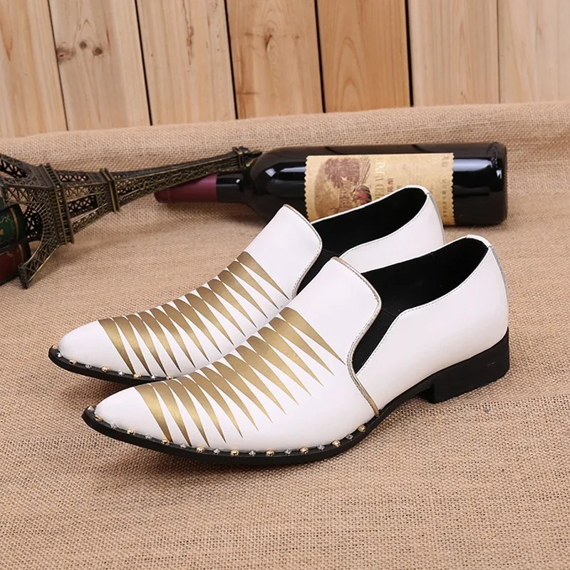 

italian gold men shoes elegant spike dress slipon party wedding shoes rivets genuine leather loafers prom zapatos hombre vestir