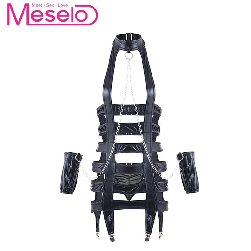 

Meselo BDSM Bondage Sex Toys For Women, Leather Wear Bound Leotard Exposed Breast Hollow Out Seductive Teddies With Bracelet