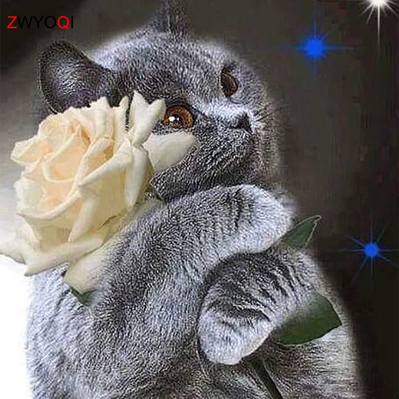 New-5D-Diamond-Cross-Stitch-Embroidery-Full-Needlework-Diy-Diamond-Painting-Kit-Cat-Huging-Flower-Free