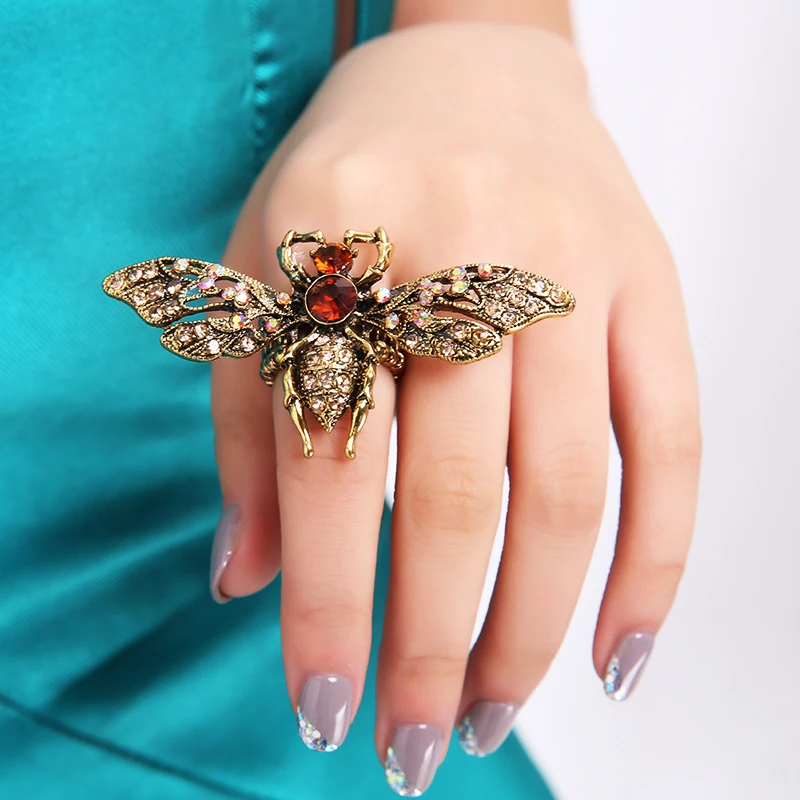 1 abierto tono Antiguo Anillo De Abeja Y Flor con Diamantes de Imitación