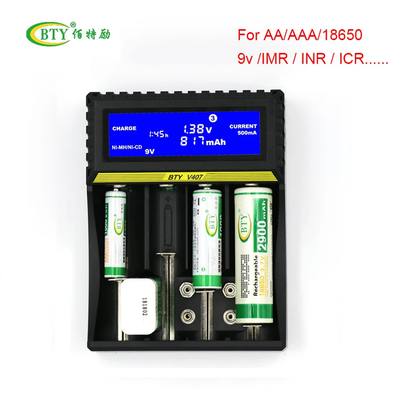 BTY-V407 Universal LCD USB Battery Charger Smart For Li-Ion Li-Fe Ni-MH Ni-CD 18650 9V AA AAA AAAA 14350 22650 Battery Charger
BTY-V407 Universal LCD USB Battery Charger Smart For Li-Ion Li-Fe Ni-MH Ni-CD 18650 9V AA AAA AAAA 14350 22650 Battery Charger