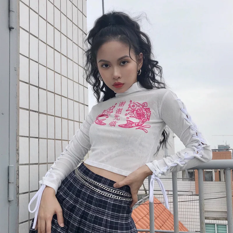 2018 Harajuku Carp Chinese Letters Welcome Long Sleeve Crop Top Turtleneck Bandage T Shirt Cross Hollow Out Velvet Cropped Tee
2018 Harajuku Carp Chinese Letters Welcome Long Sleeve Crop Top Turtleneck Bandage T Shirt Cross Hollow Out Velvet Cropped Tee