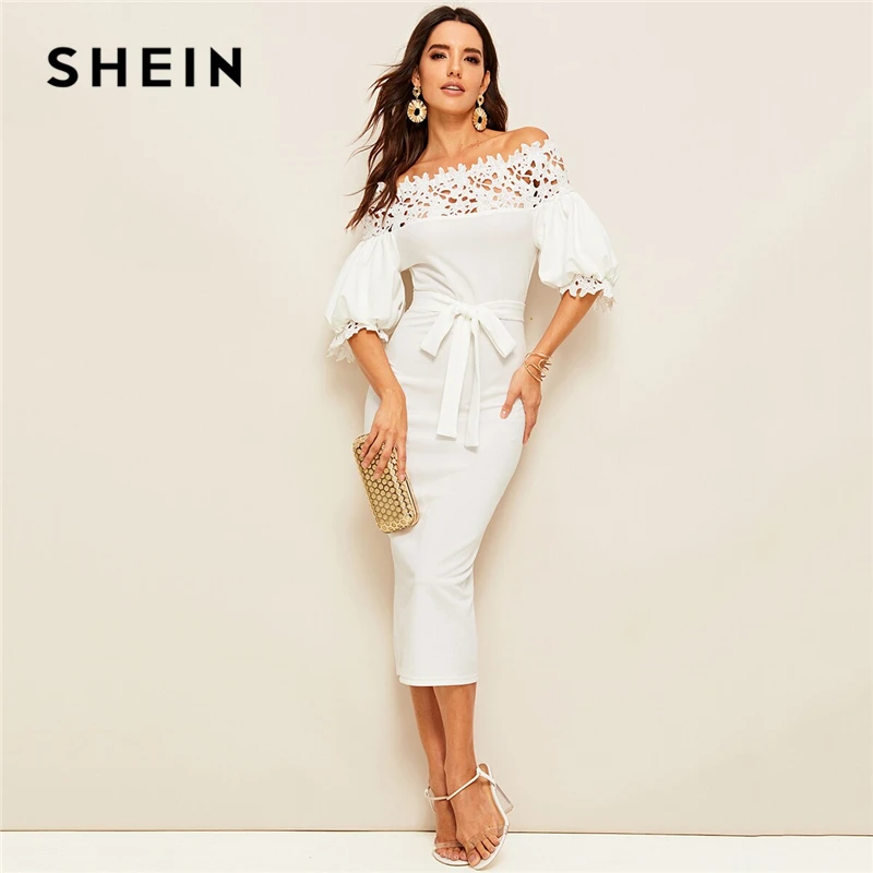 

SHEIN Guipure Lace Yoke Bishop Sleeve Pencil Dress Women White Pencil Dress Summer Off Shoulder Solid Belted Bodycon Dresses
