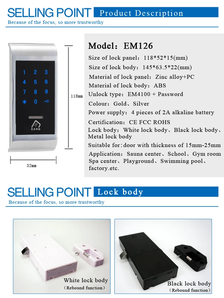 ZAG126 Smart Keyless Locker RFID Card Digital Password Lock Cabinet 
