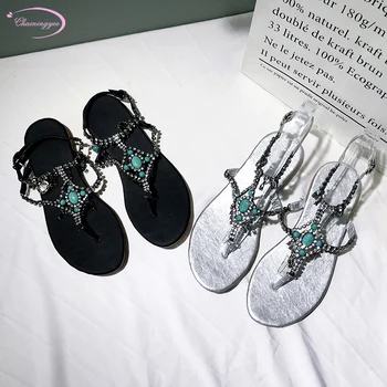 Bohemian beach style comfortable summer zoris sandals fashion beaded rhinestone buckles black silver flats with women's shoes
Bohemian beach style comfortable summer zoris sandals fashion beaded rhinestone buckles black silver flats with women's shoes