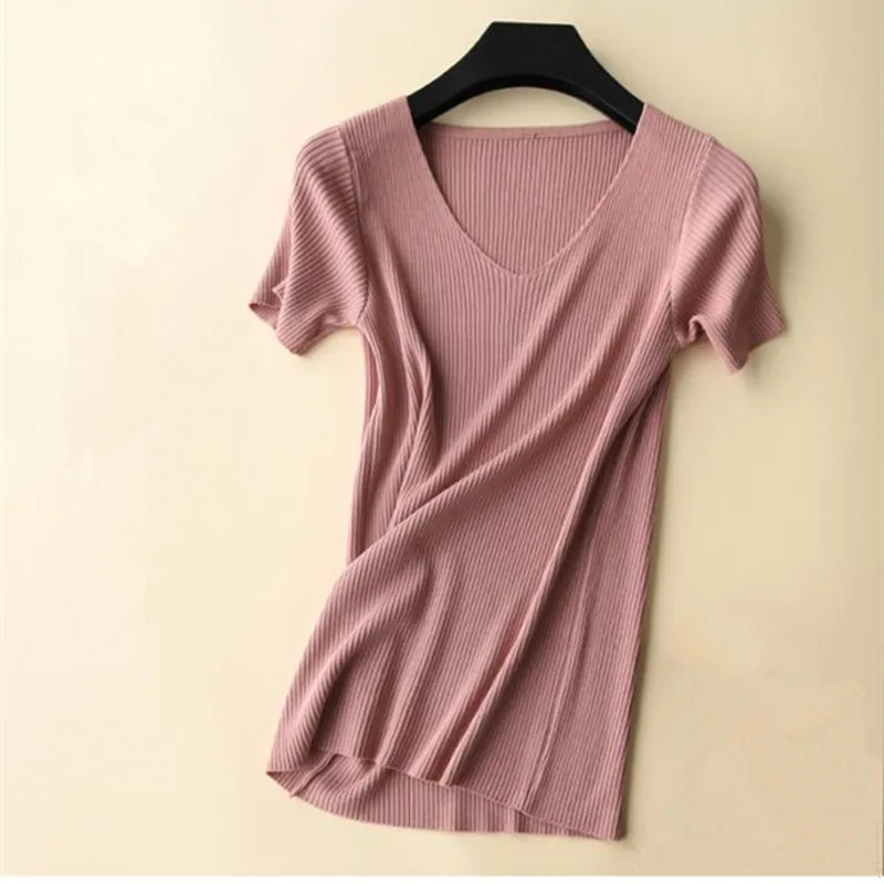 Summer Lady Slim Thin Short Cashmere Tight bottoming Shirt Simple V Neck Short Sleeve Sweater Cashmere Sweater
Summer Lady Slim Thin Short Cashmere Tight bottoming Shirt Simple V Neck Short Sleeve Sweater Cashmere Sweater