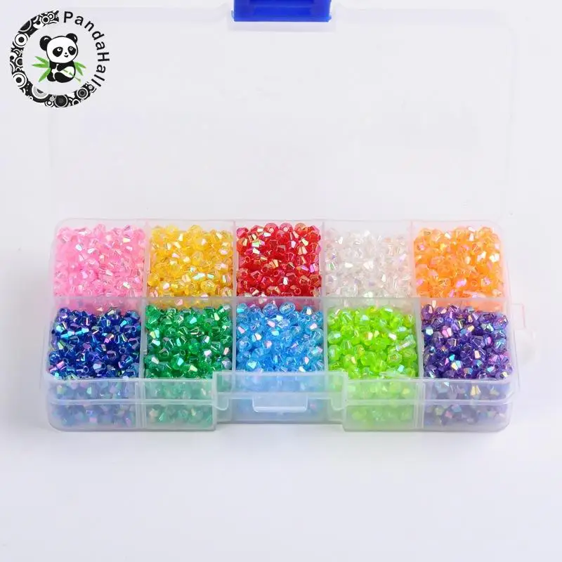 4x4mm Ten Color Boxed AB Color Plated Bicone Faceted Transparent Acrylic Beads for Jewelry Making Hole: 1mm; about 2500pcs/box
4x4mm Ten Color Boxed AB Color Plated Bicone Faceted Transparent Acrylic Beads for Jewelry Making Hole: 1mm; about 2500pcs/box