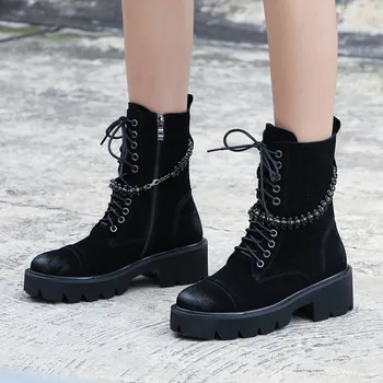 PXELENA Brand New Chains Women Boots Cow Suede Lace Up Zip Chunky Block Med Heels Vintage Knight Combat Ankle Boots Shoe
PXELENA Brand New Chains Women Boots Cow Suede Lace Up Zip Chunky Block Med Heels Vintage Knight Combat Ankle Boots Shoe