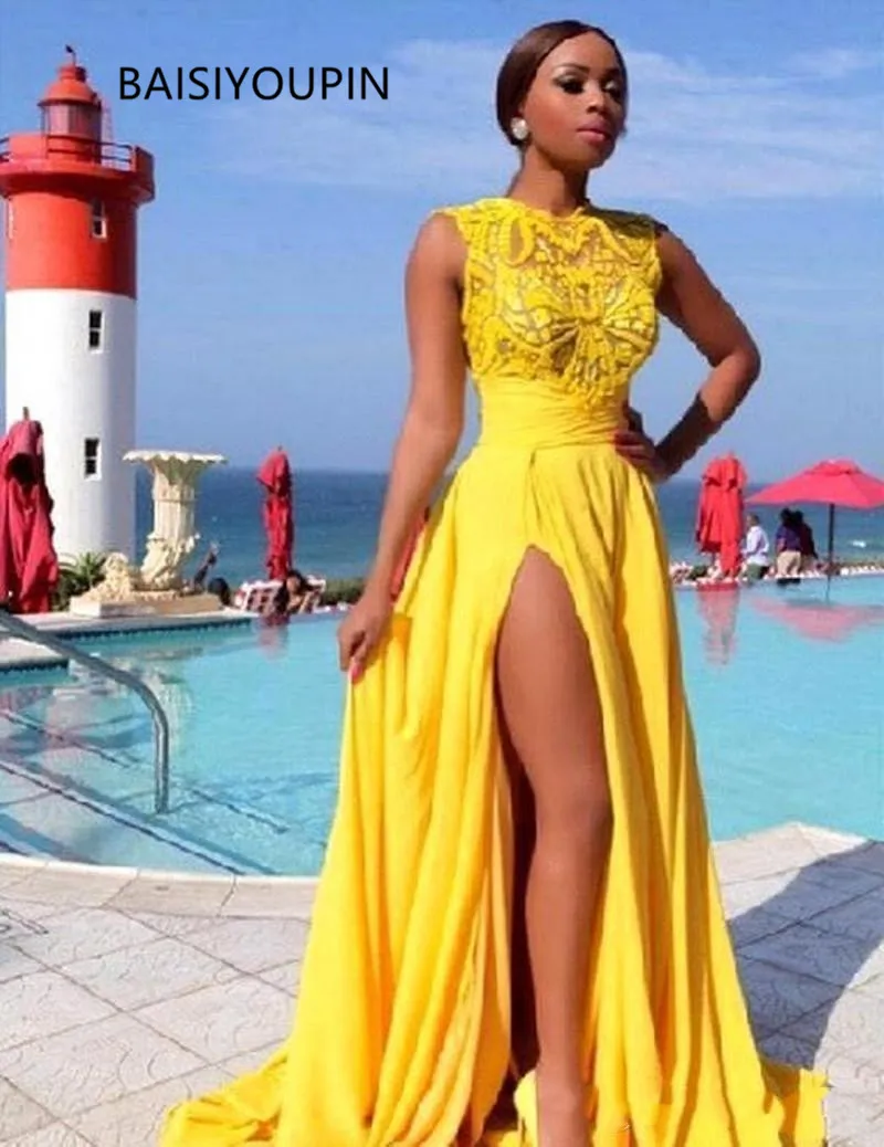 Bright Yellow Prom Dresses Side Split Chiffon Lace Appliques Dubai Evening Gowns 2020 Sheer Sexy Party Gowns
Bright Yellow Prom Dresses Side Split Chiffon Lace Appliques Dubai Evening Gowns 2020 Sheer Sexy Party Gowns