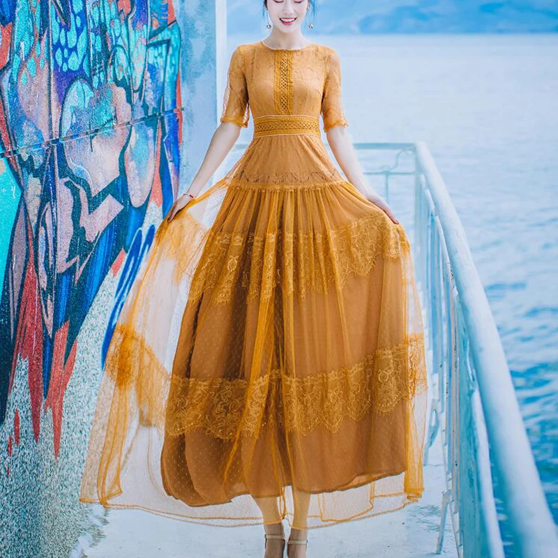 Seiwnibu Summer Elegant Holiday Maxi Dress Women's Short Sleeve Yellow Floral Long Dresses Vintage Slim Hollow Out Swing Dress
Seiwnibu Summer Elegant Holiday Maxi Dress Women's Short Sleeve Yellow Floral Long Dresses Vintage Slim Hollow Out Swing Dress