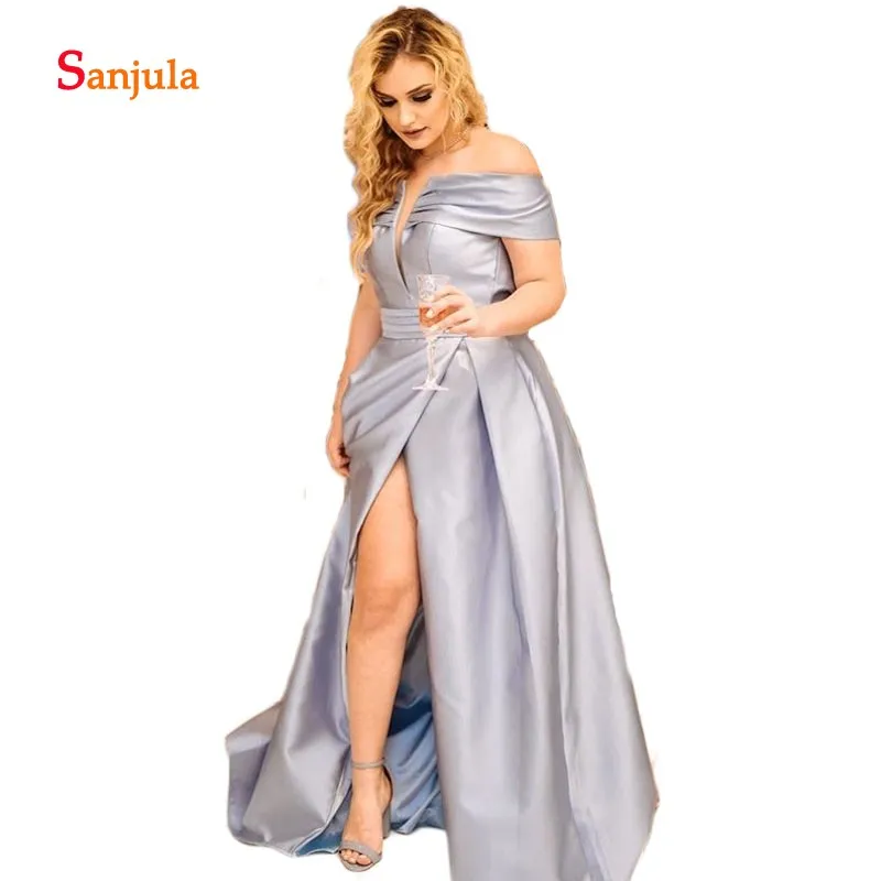 Light Blue Satin A-Line Maid of Honor Bridesmaid Dress Boat Neck Charming Prom Dresses Long Leg Slit Wedding Party D274 | Свадьбы и