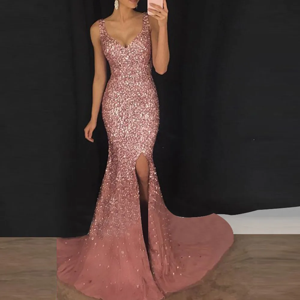 Ladies Casual Sexy Deep V Strap Sleeveless Halter Slim Thin Sequins Split and Ground Long Dress vestidos de fiesta de noche 40*
Ladies Casual Sexy Deep V Strap Sleeveless Halter Slim Thin Sequins Split and Ground Long Dress vestidos de fiesta de noche 40*