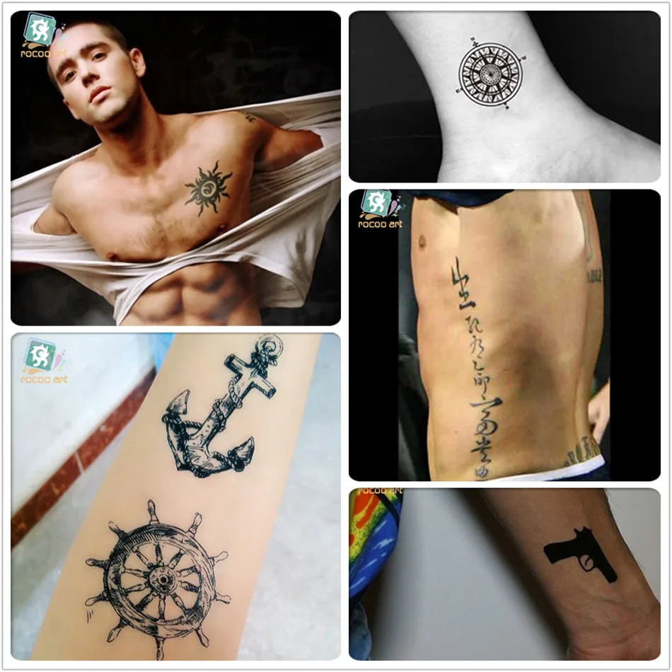 

Mixed 8 Sheets Tribal Tattoo Designs Black Gun Snake Tatoo Fake Body Temporary Tattoos Anchor Chinese Arabic Tattoos For Men