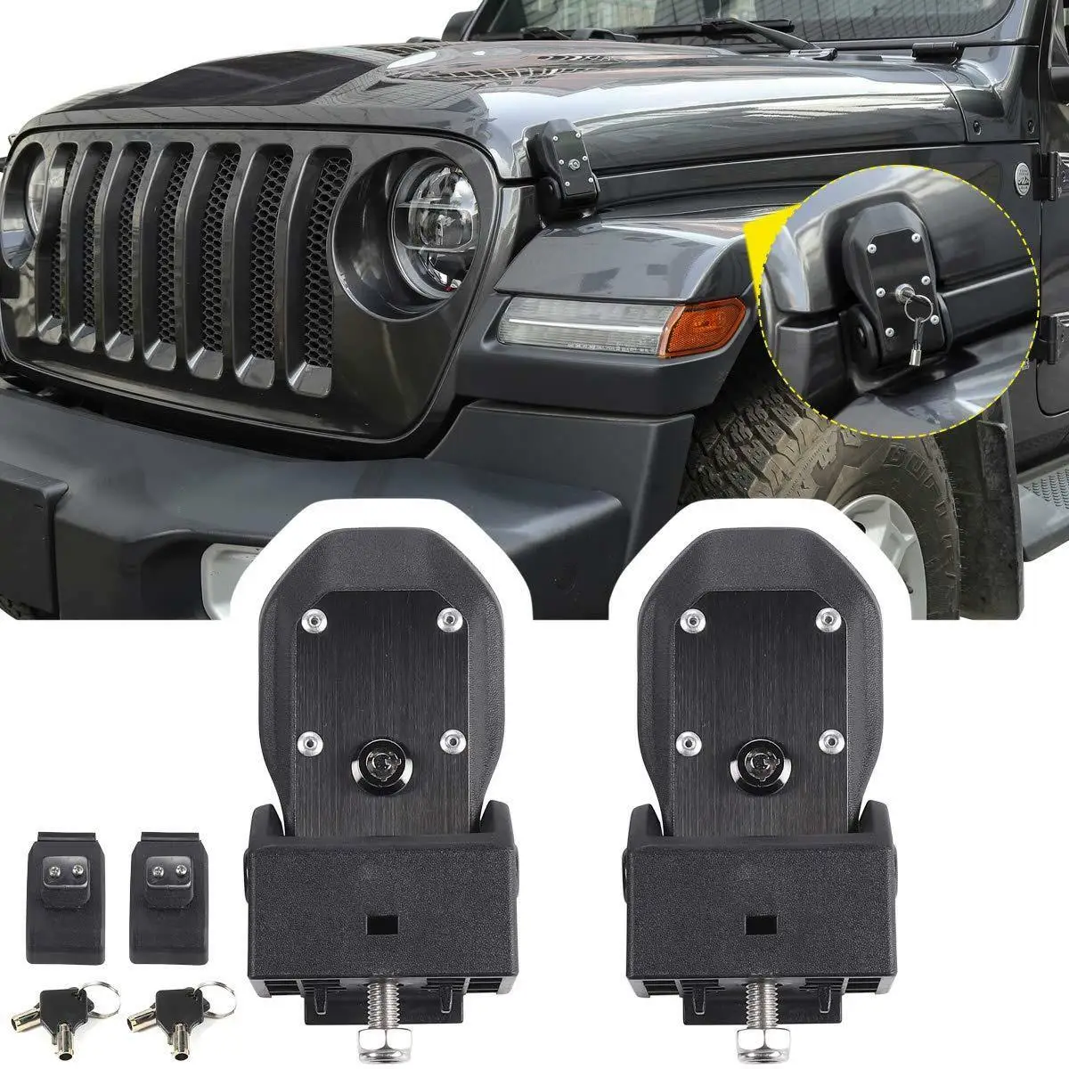 NEW Aluminum Hood Latches Pins & Hood Catch Lock & Key Kit 2018 for Jeep Wrangler JL
NEW Aluminum Hood Latches Pins & Hood Catch Lock & Key Kit 2018 for Jeep Wrangler JL