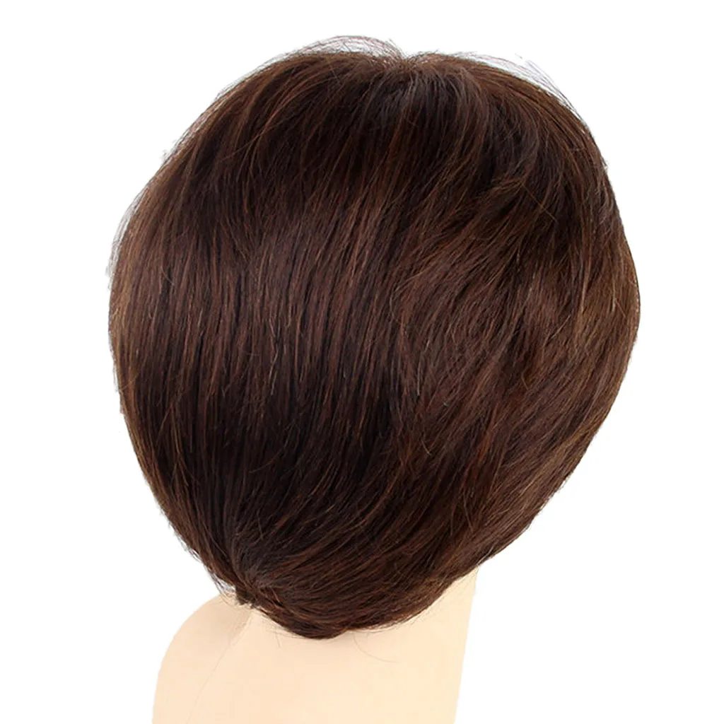 

Women Shaggy Short Straight Full Wigs with Oblique Bangs Real Human Hair Wig Fashion Fringe Hairstyle with Cap Natural Brown