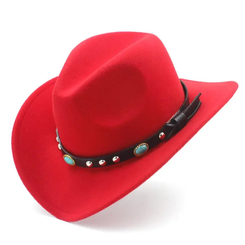 

Mistdawn Fashion Women Men Wool Blend Wide Brim Western Cowboy Hat Cowgirl Jazz Caps Turquoise Leather Belt Band Size 56-58cm