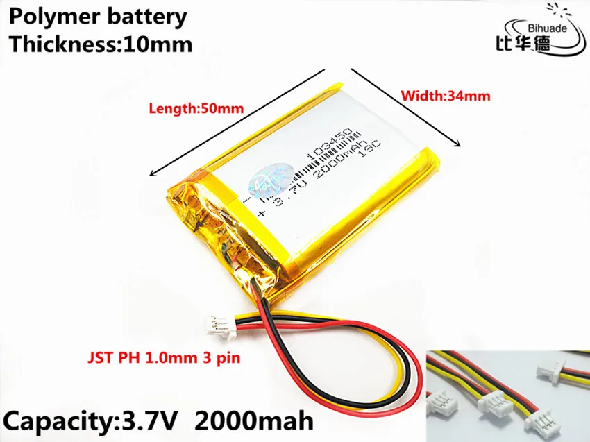JST PH 1.0mm 3 pin Good Qulity 3.7V,2000mAH 103450 Polymer lithium ion / Li-ion battery for tablet pc BANK,GPS,mp3,mp4
JST PH 1.0mm 3 pin Good Qulity 3.7V,2000mAH 103450 Polymer lithium ion / Li-ion battery for tablet pc BANK,GPS,mp3,mp4
