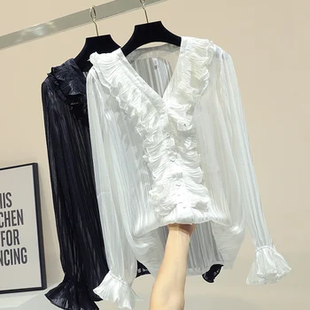 New Spring Autumn Fashion Flare Long Sleeve Women Blouses V Neck Ruffles Chiffon Tops Solid Color Female Shirts Casual
New Spring Autumn Fashion Flare Long Sleeve Women Blouses V Neck Ruffles Chiffon Tops Solid Color Female Shirts Casual