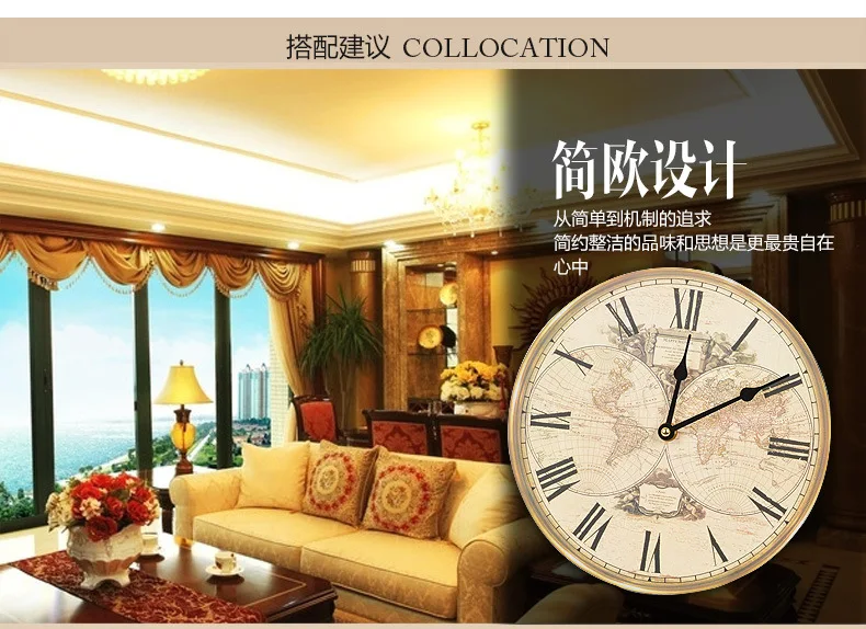 3d vintage wall clock for living room Europe wooden retro wall clock world map wanduhr silent klok wall watches home decor (7)