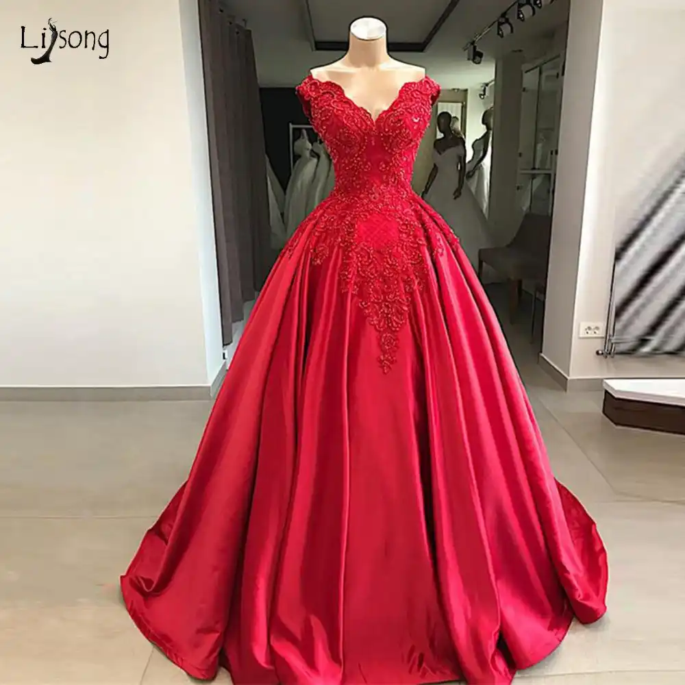 red beaded prom dress