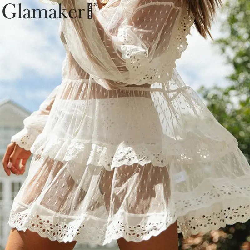 Glamaker Transparent mesh lace ruffles sexy dress Women white v-neck holiday beach dress elegant Female summer party club dress
Glamaker Transparent mesh lace ruffles sexy dress Women white v-neck holiday beach dress elegant Female summer party club dress