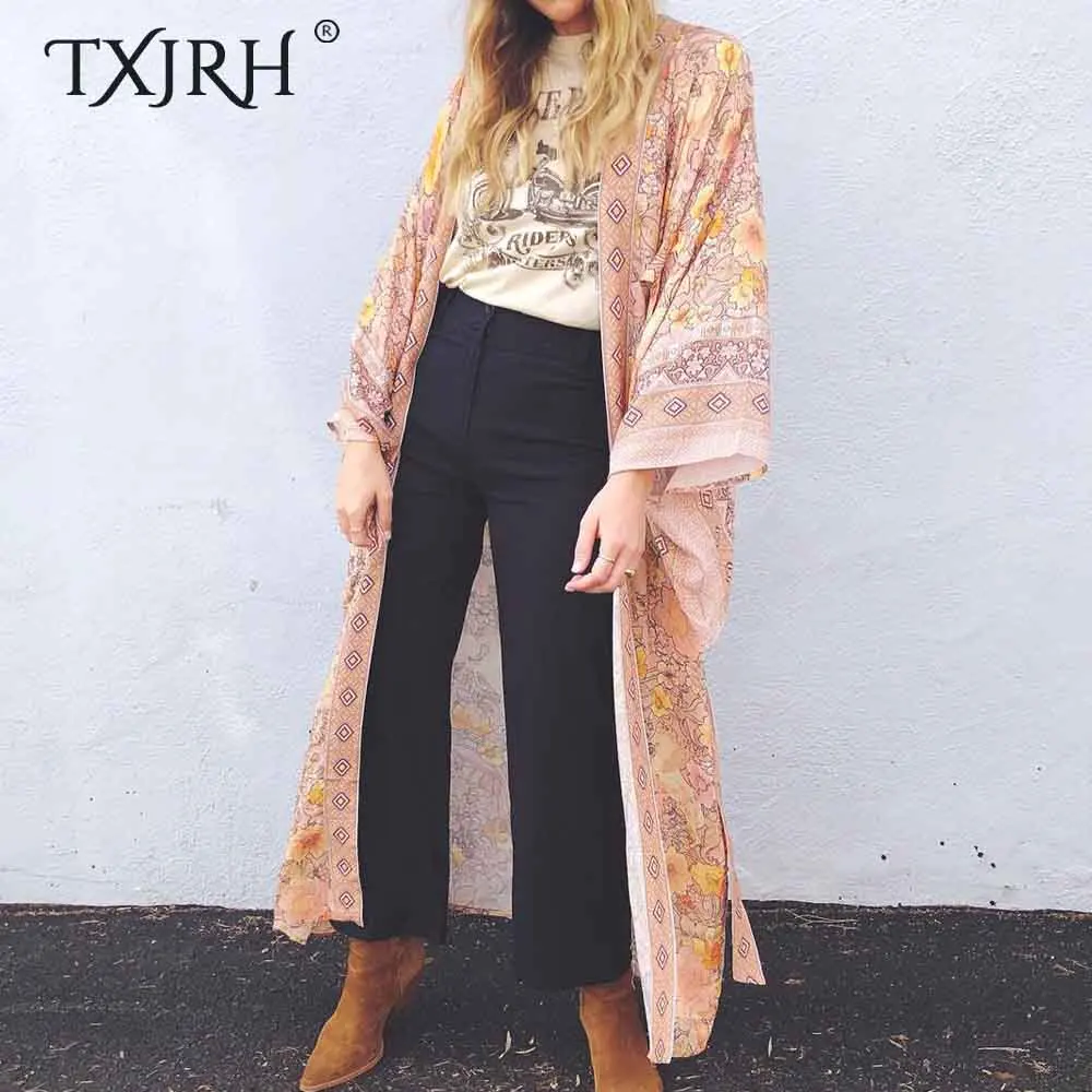 TXJRH Vintage Ethnic Geometric Floral Print Bohemian Maxi Long Kimono Cardigan Blouse Shirt Batwing Sleeve Sashes Tied Bow Tops
TXJRH Vintage Ethnic Geometric Floral Print Bohemian Maxi Long Kimono Cardigan Blouse Shirt Batwing Sleeve Sashes Tied Bow Tops