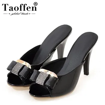 

TAOFFEN Women Patent Leather Thin Heel Sandals Open Toe Bowtie Crystal Slippers Summer Fashion Daily Shoes Women Size 32-43