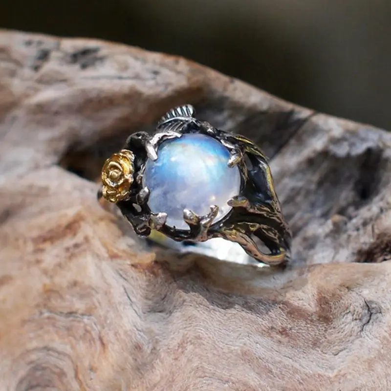 

Vintage Moonstone Ring For Women Black Jewelry Gold Flower Finger Ring Female Charming Jewelry Gift Wedding Statement Ring