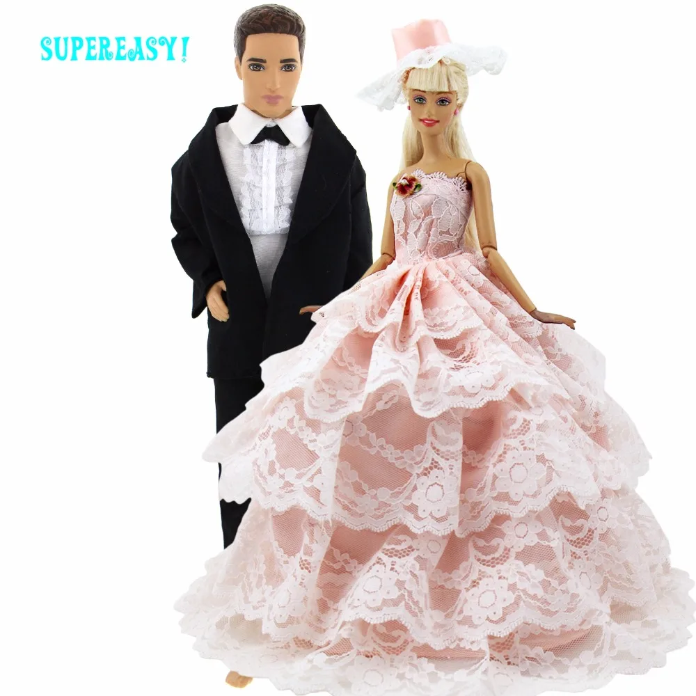 Image Free Shipping 2 sets = Pink Lace Bride Wedding Dress With Veil For Barbie Doll + Suit Clothes For Ken Doll