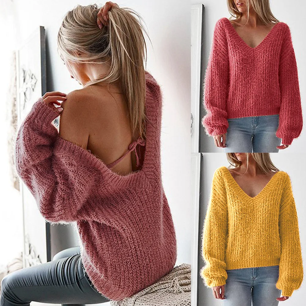 Sexy V Neck Knitted Sweaters Women Winter Warm Long Sleeve Loose Knitwear Pullovers WDC1484 | Женская одежда
