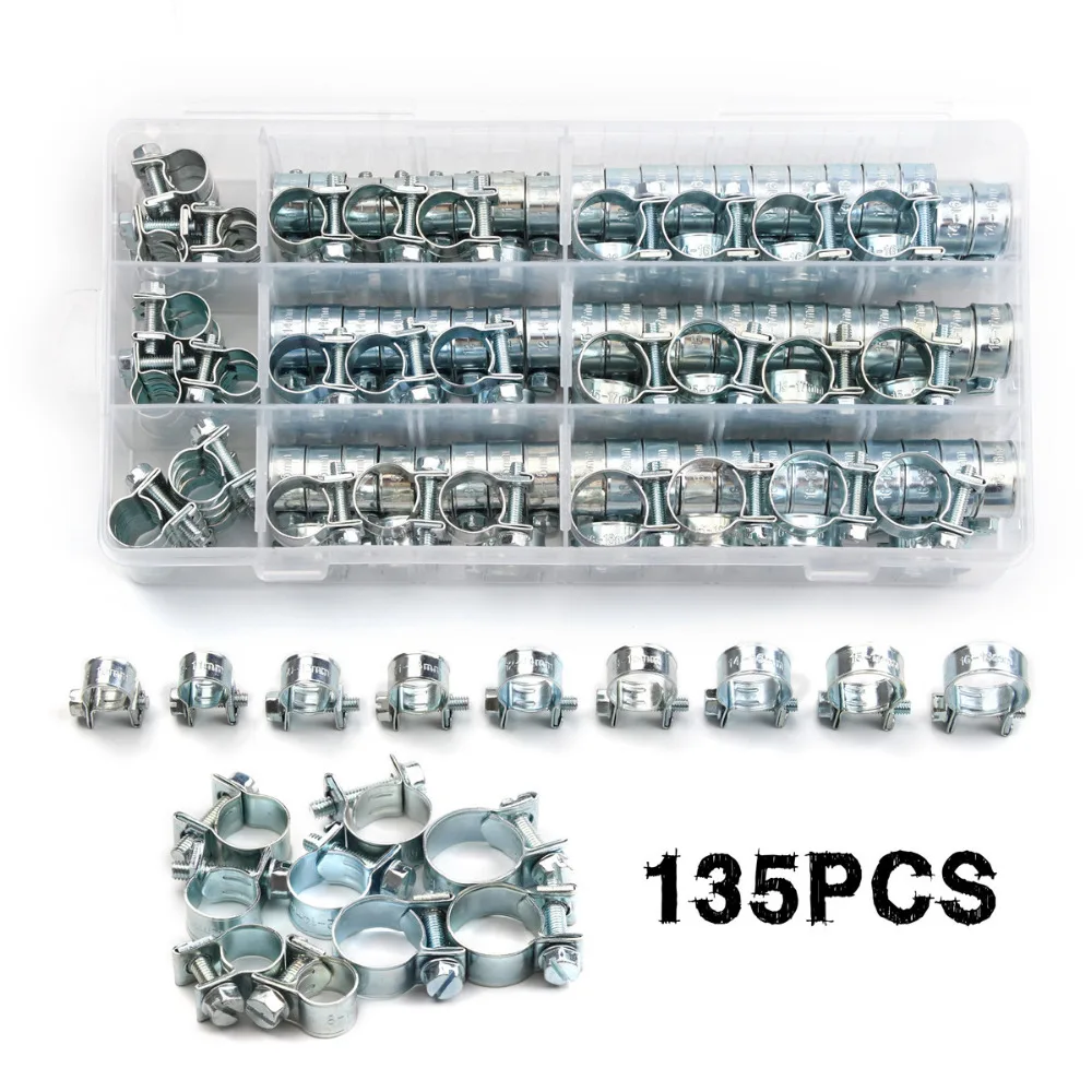 135Pcs 8-18mm Hose Clamp Double Ears Fuel Water Hose Pipe Clamps Clips Zinc Plated Steel Hose Clamps Assorted Kit
135Pcs 8-18mm Hose Clamp Double Ears Fuel Water Hose Pipe Clamps Clips Zinc Plated Steel Hose Clamps Assorted Kit