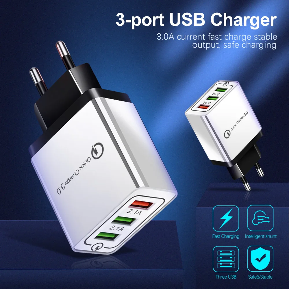 QC3.0 Charger 5V/9V/12V Fast Charge 3 Port USB Mobile Phone Charger 2.4A European Regulations US Travel Charger
QC3.0 Charger 5V/9V/12V Fast Charge 3 Port USB Mobile Phone Charger 2.4A European Regulations US Travel Charger