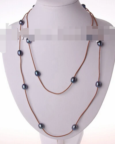 

huij 003113 long 50" big 12mm baroque black freshwater cultured pearl leather necklace