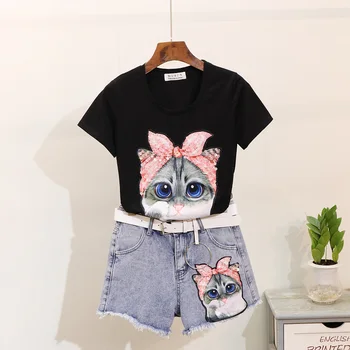 2019 Summer Hole Ripped Jeans Shorts Set Women New Sequined Cat Print Short Sleeve T-Shirt + Woolly Denim Shorts Two Piece Set
2019 Summer Hole Ripped Jeans Shorts Set Women New Sequined Cat Print Short Sleeve T-Shirt + Woolly Denim Shorts Two Piece Set