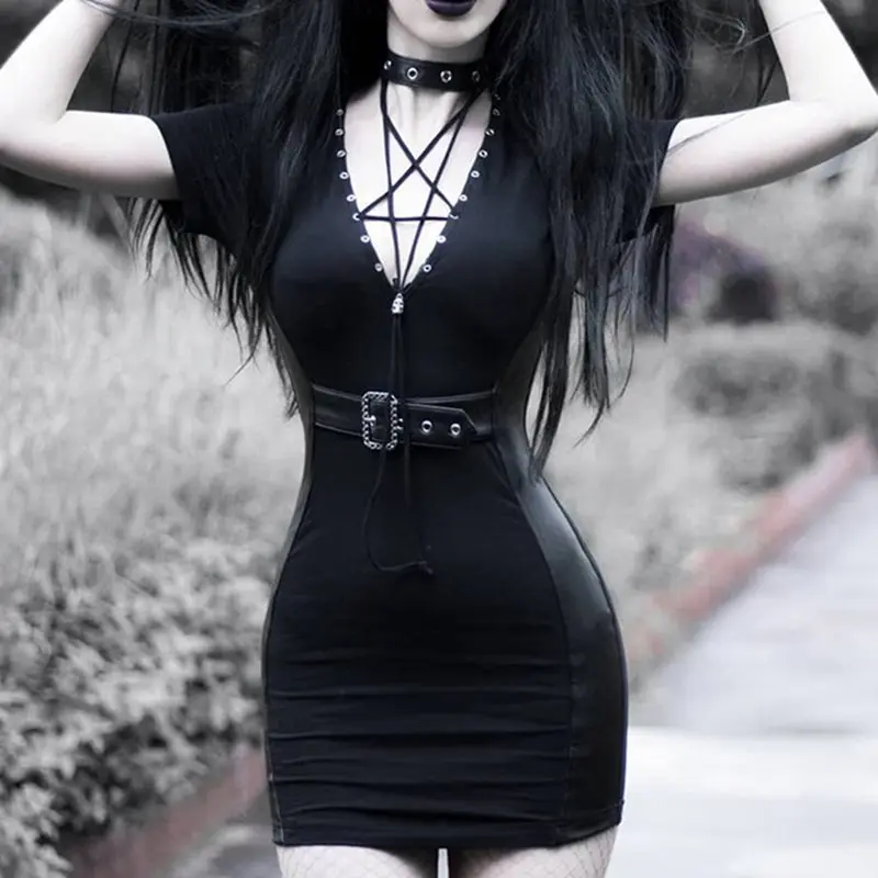 Halter Bodycon Black Dress Women Mini Gothic Pentagram Hollow Patchwork PU Leather Punk Sexy Deep V Summer Knitted Short Dresses
Halter Bodycon Black Dress Women Mini Gothic Pentagram Hollow Patchwork PU Leather Punk Sexy Deep V Summer Knitted Short Dresses