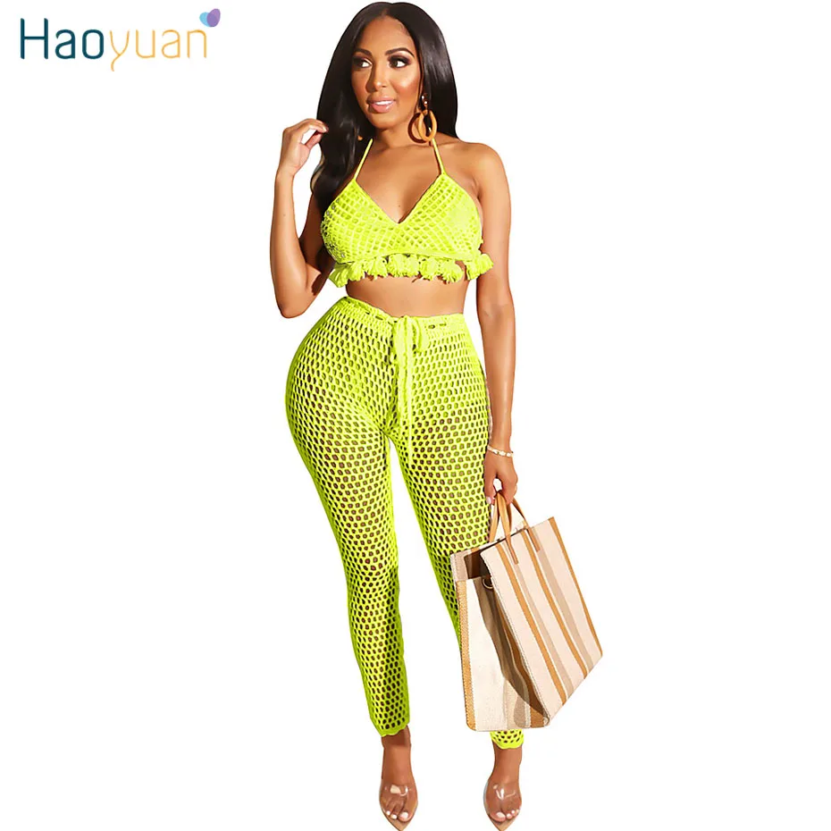 HAOYUAN Neon Fishnet Mesh Sheer Two Piece Set Women Summer Clothes Backless Crop Top and Pant Sexy 2 Pice Swim Beach Outfits
HAOYUAN Neon Fishnet Mesh Sheer Two Piece Set Women Summer Clothes Backless Crop Top and Pant Sexy 2 Pice Swim Beach Outfits