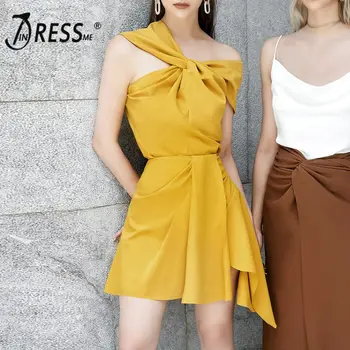 INDRESSME 2019 New Asymmetrical Neckline Ruched Two Pieces Set With Mini Wrap Skirt Yellow Lovely Party Outfit