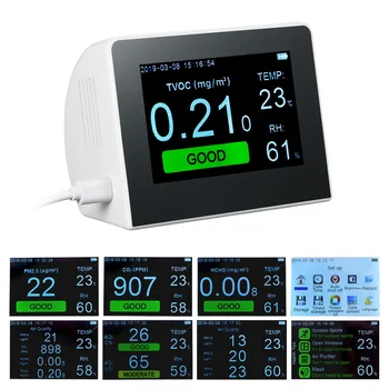 CO2 HCHO PM1.0 PM2.5 PM10 TVOC Detector with Temperature Humidity Meter Formaldeyde Tester Air Quality Analyzer
CO2 HCHO PM1.0 PM2.5 PM10 TVOC Detector with Temperature Humidity Meter Formaldeyde Tester Air Quality Analyzer