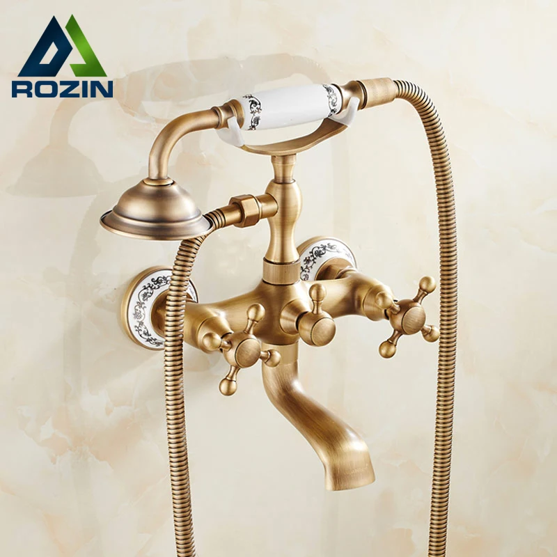 

Antique Brass Bathtub Faucet Wall Mount Handheld Bath Tub Mixer System with Handshower Telephone Style Swivel Spout