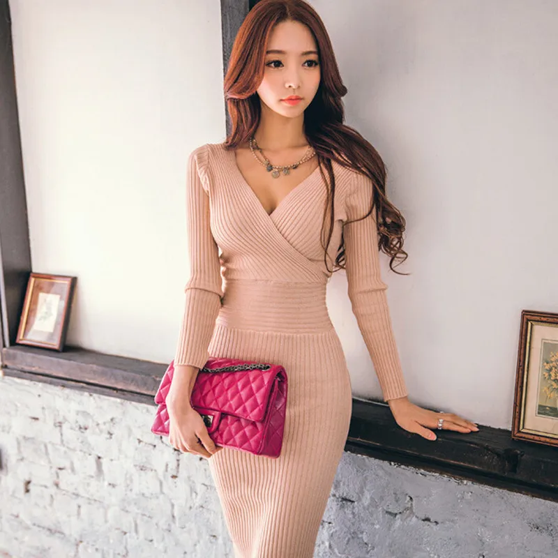 2018 Autumn Women Knitted Cotton Skinny Sweater Dresses V-neck Casual Slim Hip Soft Dress Pink Vestidos Female High Quality
2018 Autumn Women Knitted Cotton Skinny Sweater Dresses V-neck Casual Slim Hip Soft Dress Pink Vestidos Female High Quality