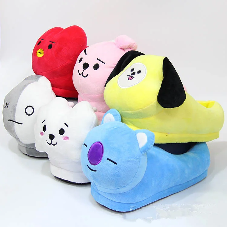 

BTS BT21 Kpop Anime Kawaii Home Bulletproof Juvenile Korean Soft Warm Mood Home Star Plush Slippers Kpop Cartoon Shoes Toys 28cm