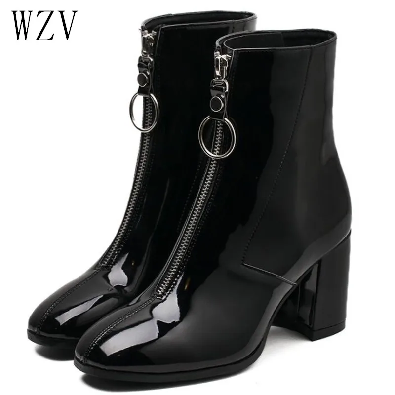 2019 Brand Zipper Boots Woman Patent Leather Ankle Boots Front Big Zipper Botas Mid-Calf Botines Winter Thick High Heels Booties
2019 Brand Zipper Boots Woman Patent Leather Ankle Boots Front Big Zipper Botas Mid-Calf Botines Winter Thick High Heels Booties
